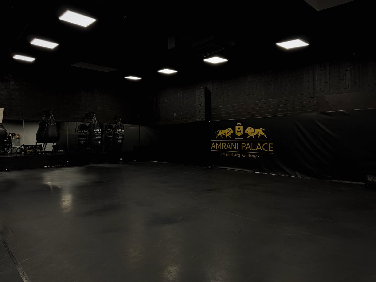 Trainingsfläche mit Amrani-Palace-Logo an der Wand